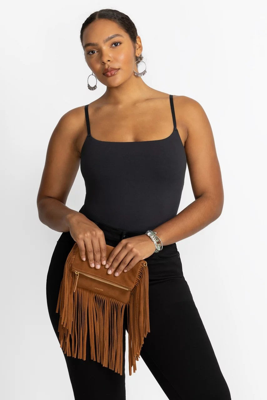 Johnny Was Women COGNAC ITALIAN SUEDE FOLDOVER FRINGE CROSSBODY