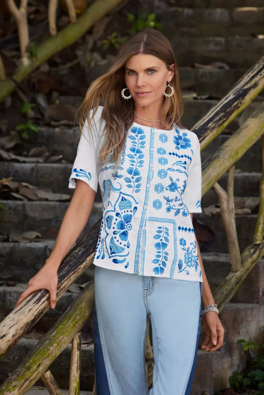 Johnny Was Women LINEN FLUTTER SLEEVE BLOUSE