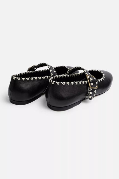 Johnny Was Women BLANKET STITCH LEATHER MARY JANE FLAT