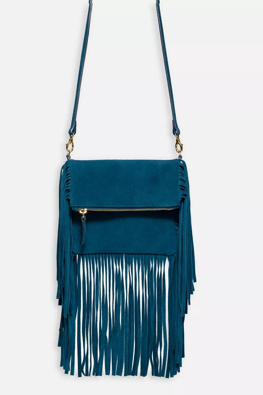 Johnny Was Women TEAL ITALIAN SUEDE FOLDOVER FRINGE CROSSBODY