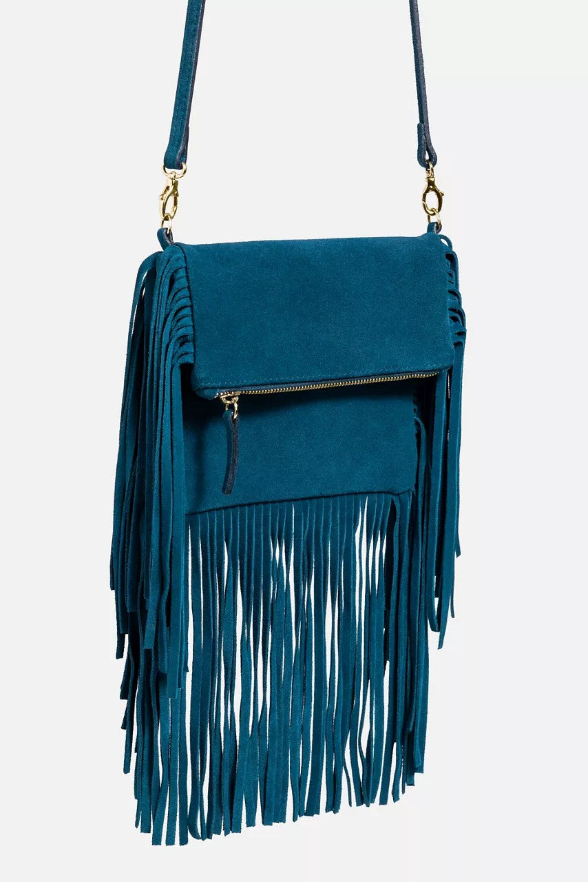 Johnny Was Women TEAL ITALIAN SUEDE FOLDOVER FRINGE CROSSBODY