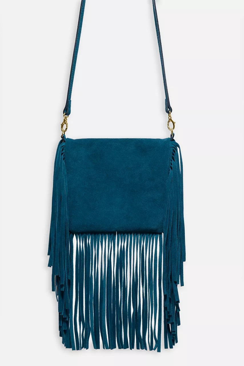Johnny Was Women TEAL ITALIAN SUEDE FOLDOVER FRINGE CROSSBODY