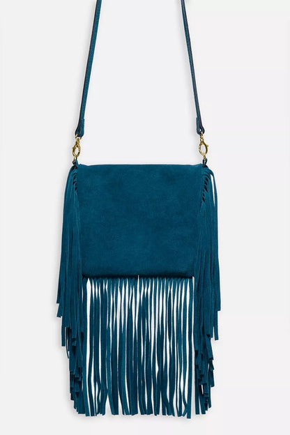 Johnny Was Women TEAL ITALIAN SUEDE FOLDOVER FRINGE CROSSBODY