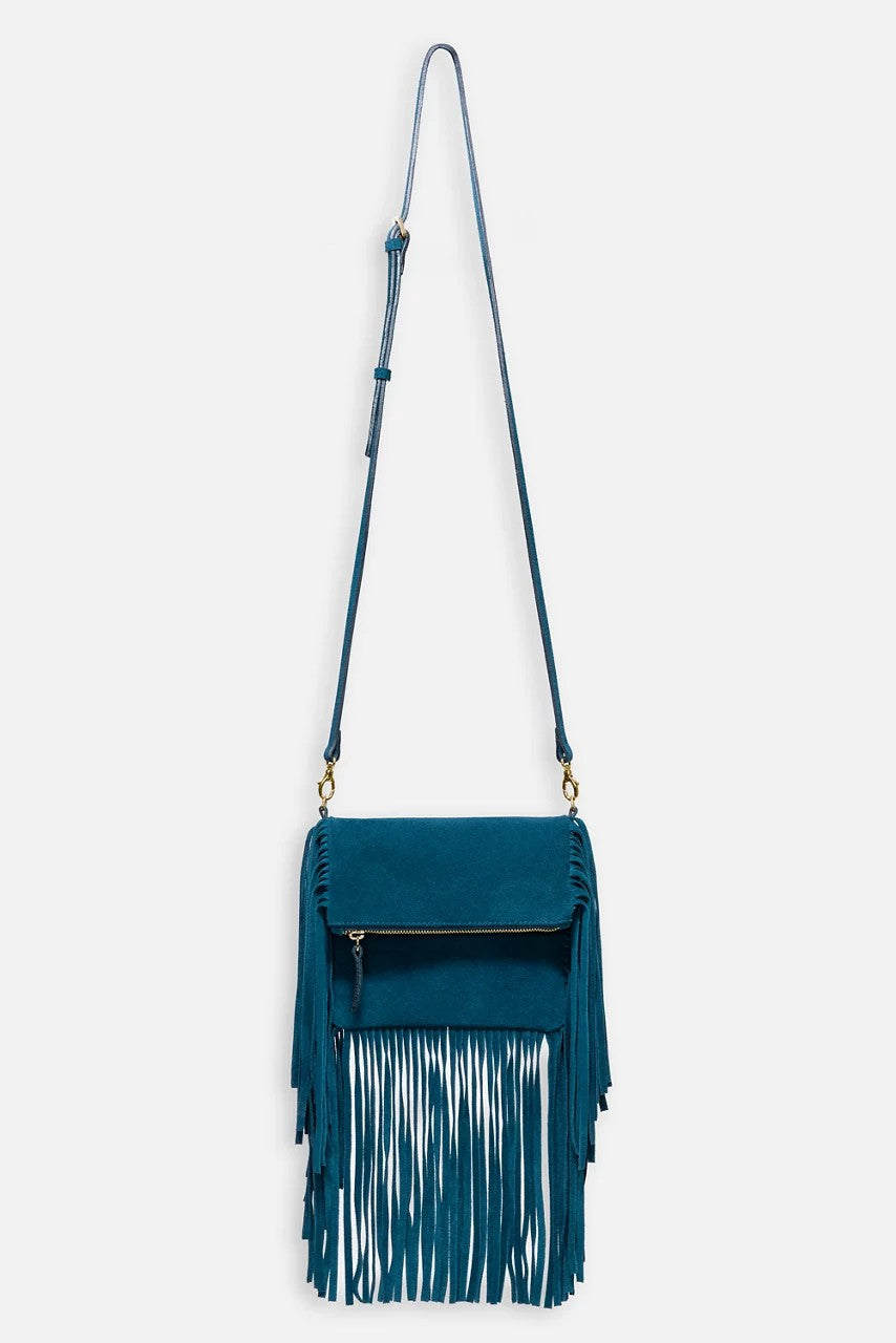 Johnny Was Women TEAL ITALIAN SUEDE FOLDOVER FRINGE CROSSBODY