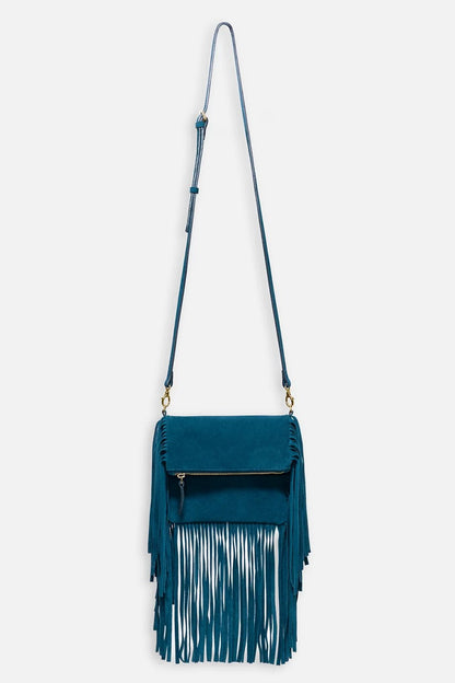 Johnny Was Women TEAL ITALIAN SUEDE FOLDOVER FRINGE CROSSBODY