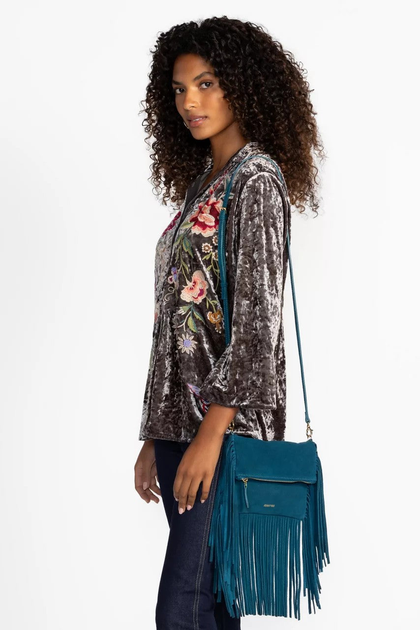 Johnny Was Women TEAL ITALIAN SUEDE FOLDOVER FRINGE CROSSBODY
