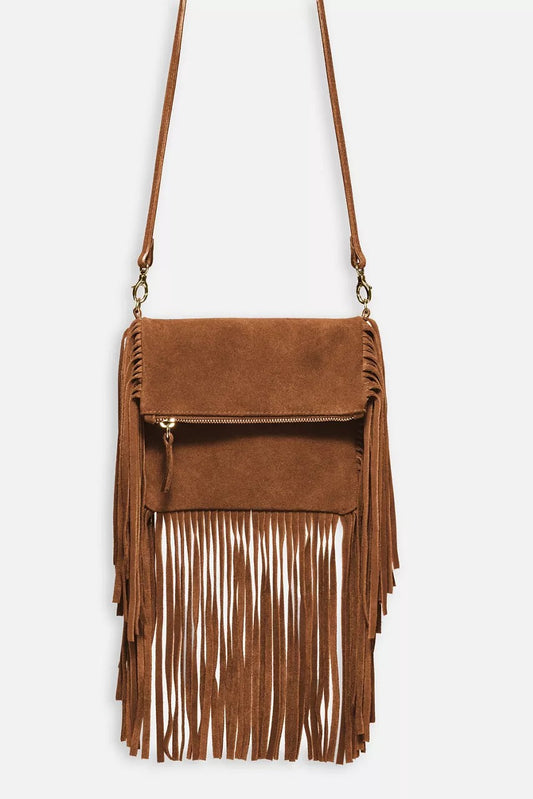 Johnny Was Women COGNAC ITALIAN SUEDE FOLDOVER FRINGE CROSSBODY