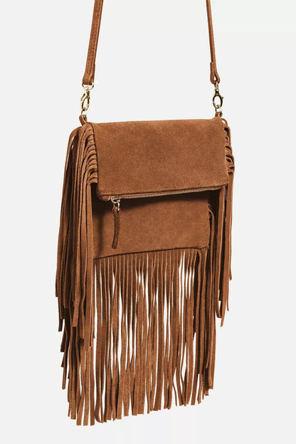 Johnny Was Women COGNAC ITALIAN SUEDE FOLDOVER FRINGE CROSSBODY