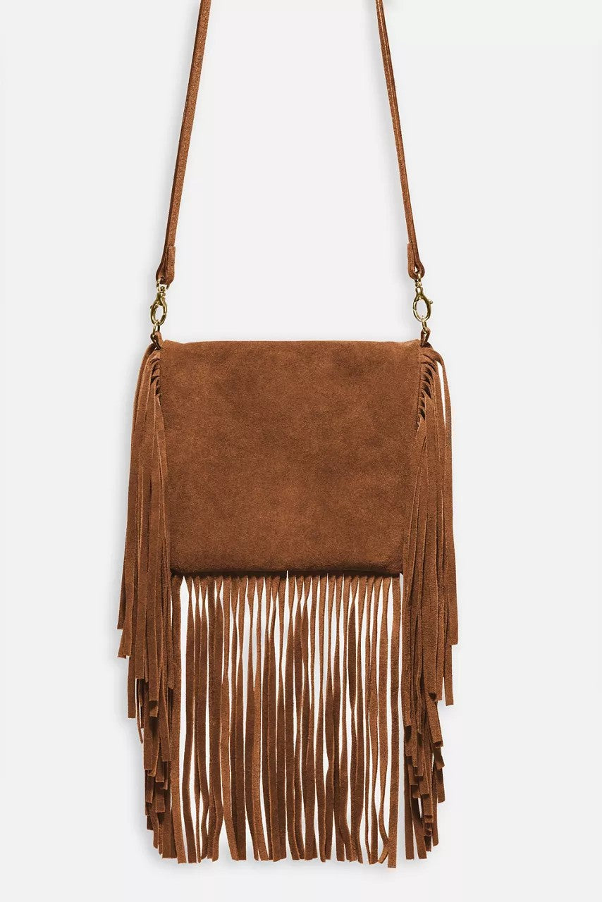 Johnny Was Women COGNAC ITALIAN SUEDE FOLDOVER FRINGE CROSSBODY