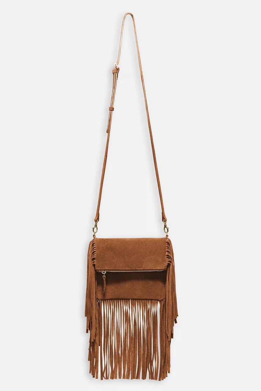 Johnny Was Women COGNAC ITALIAN SUEDE FOLDOVER FRINGE CROSSBODY