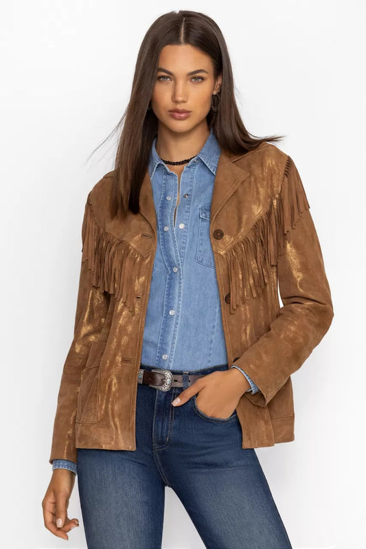 Johnny Was Women GOLD SHIMMER ITALIAN SUEDE FRINGE JACKET