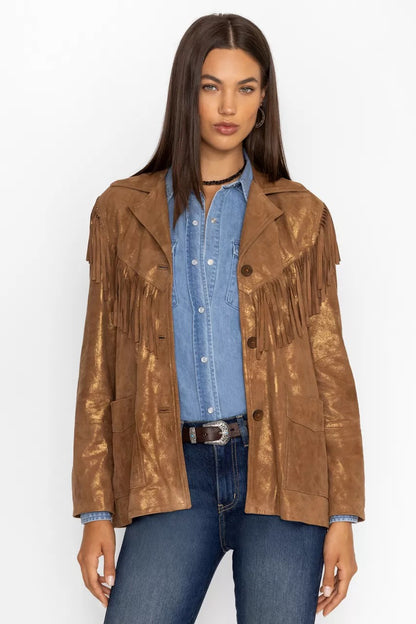 Johnny Was Women GOLD SHIMMER ITALIAN SUEDE FRINGE JACKET