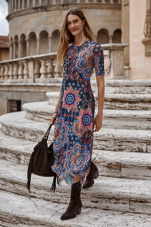 Johnny Was Women MESH ELBOW SLEEVE ASYMMETRIC HEM DRESS