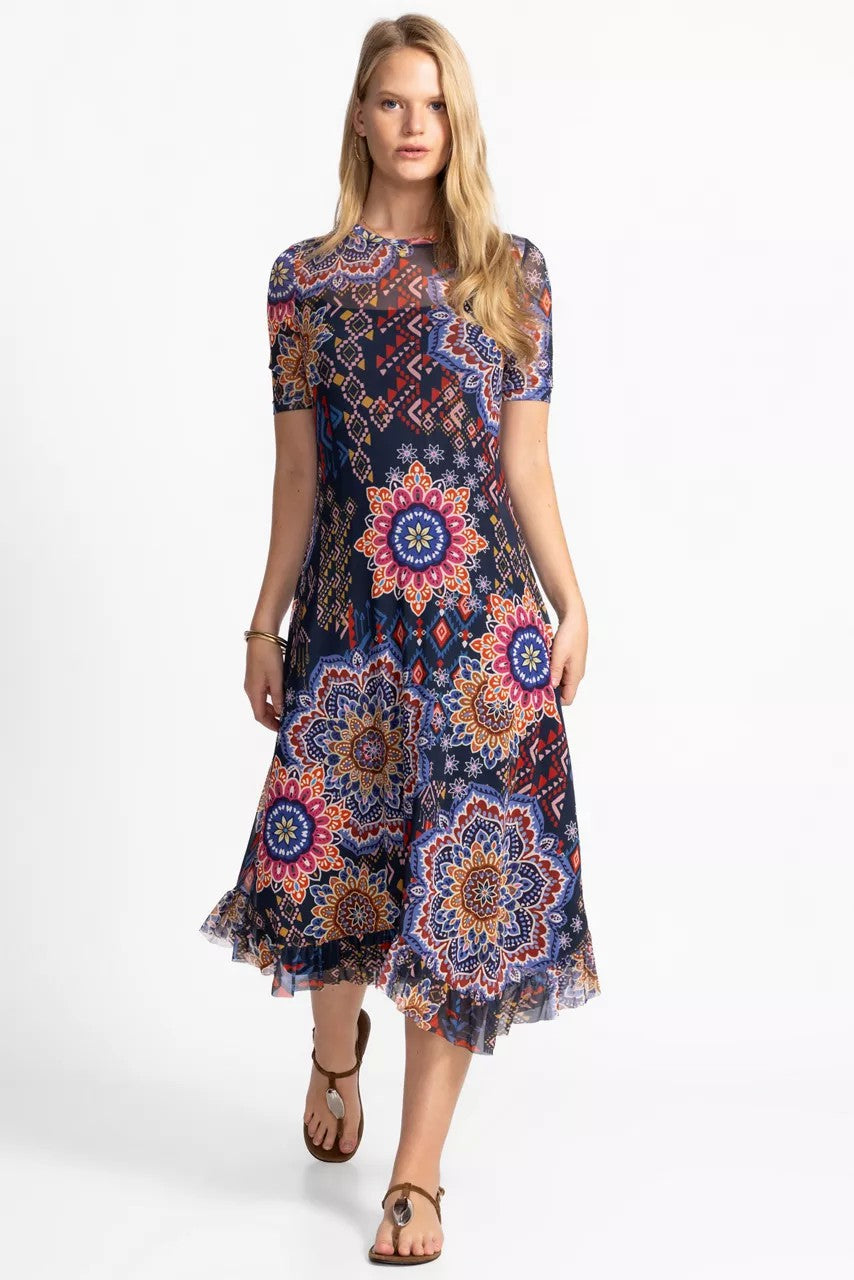 Johnny Was Women MESH ELBOW SLEEVE ASYMMETRIC HEM DRESS