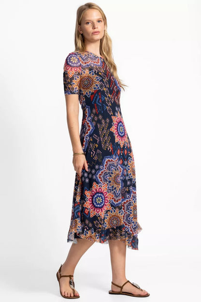 Johnny Was Women MESH ELBOW SLEEVE ASYMMETRIC HEM DRESS