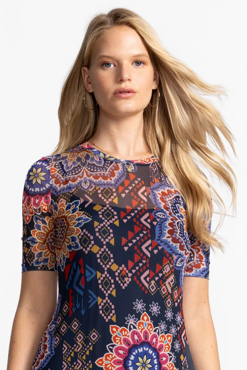 Johnny Was Women MESH ELBOW SLEEVE ASYMMETRIC HEM DRESS