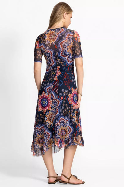 Johnny Was Women MESH ELBOW SLEEVE ASYMMETRIC HEM DRESS