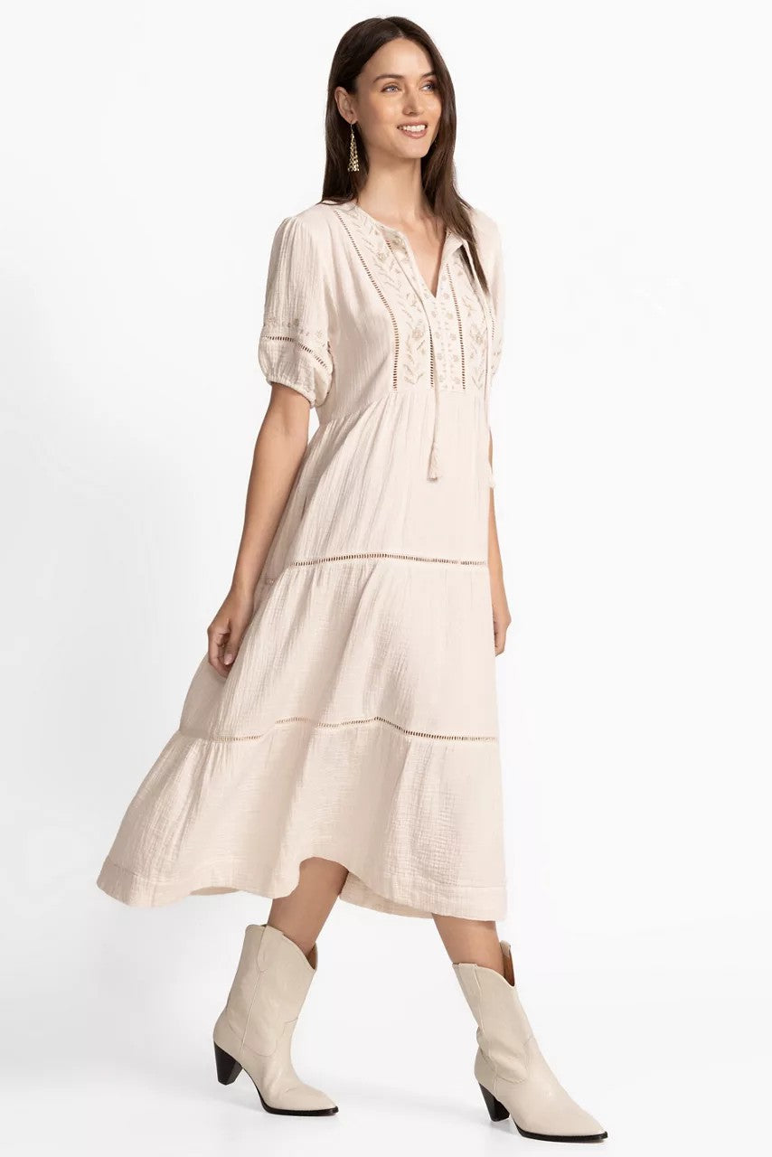 Johnny Was Women PUFF SLEEVE TIE NECK MIDI DRESS