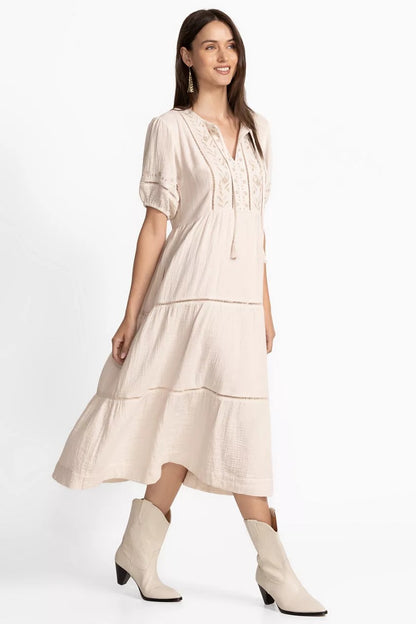 Johnny Was Women PUFF SLEEVE TIE NECK MIDI DRESS