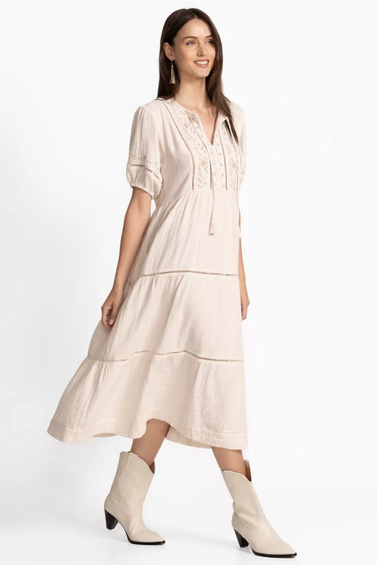 Johnny Was Women PUFF SLEEVE TIE NECK MIDI DRESS