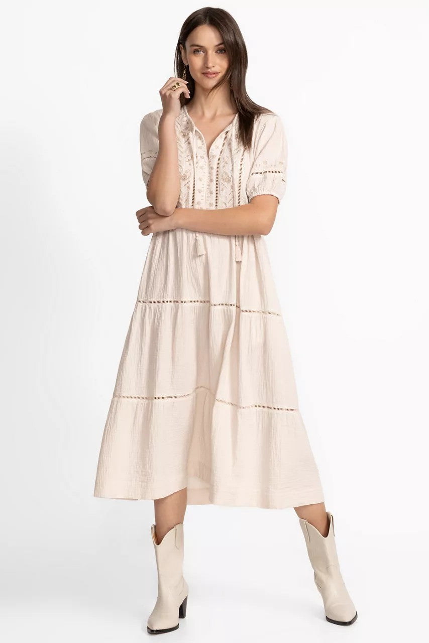 Johnny Was Women PUFF SLEEVE TIE NECK MIDI DRESS