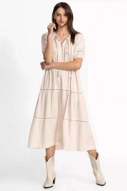 Johnny Was Women PUFF SLEEVE TIE NECK MIDI DRESS