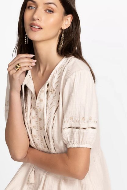 Johnny Was Women PUFF SLEEVE TIE NECK MIDI DRESS
