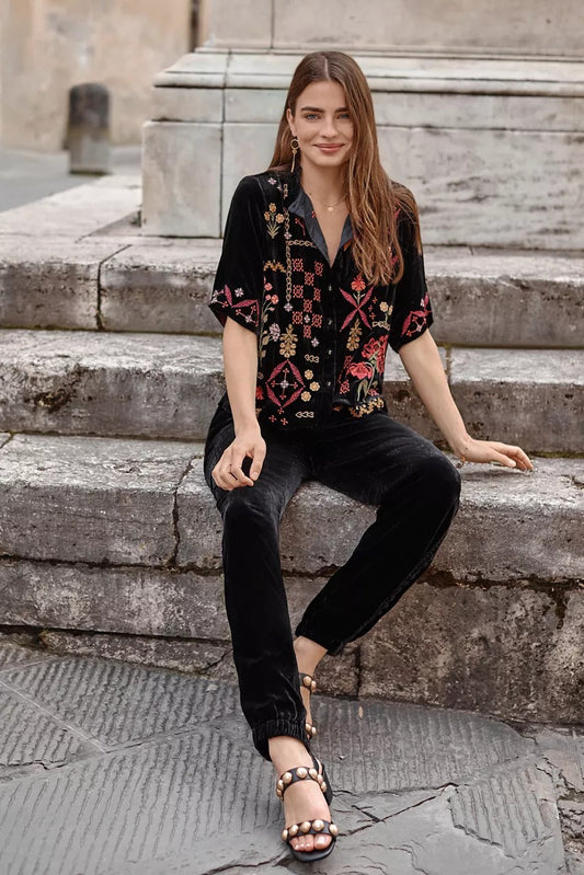 Johnny Was Women RUFFLE NECK VELVET SHIRT