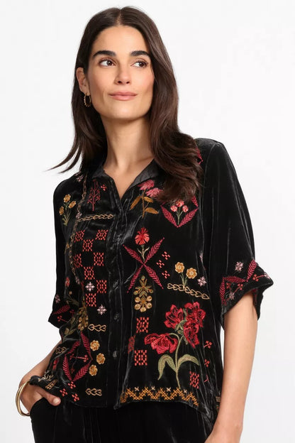 Johnny Was Women RUFFLE NECK VELVET SHIRT