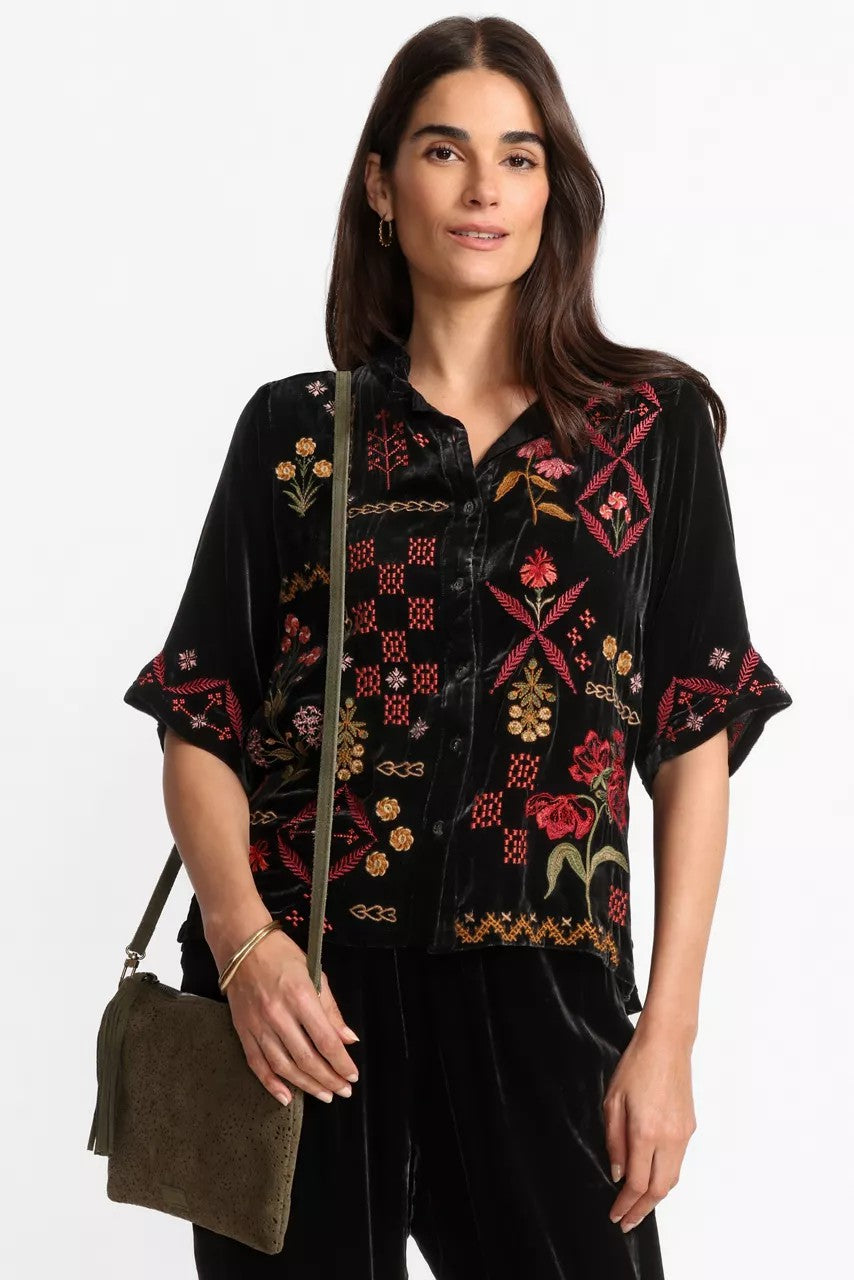 Johnny Was Women RUFFLE NECK VELVET SHIRT