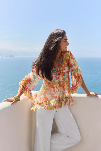 Johnny Was Women GAL RUFFLE TIE BLOUSE