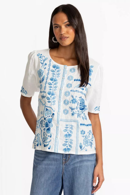 Johnny Was Women LINEN FLUTTER SLEEVE BLOUSE