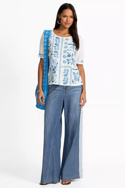 Johnny Was Women LINEN FLUTTER SLEEVE BLOUSE