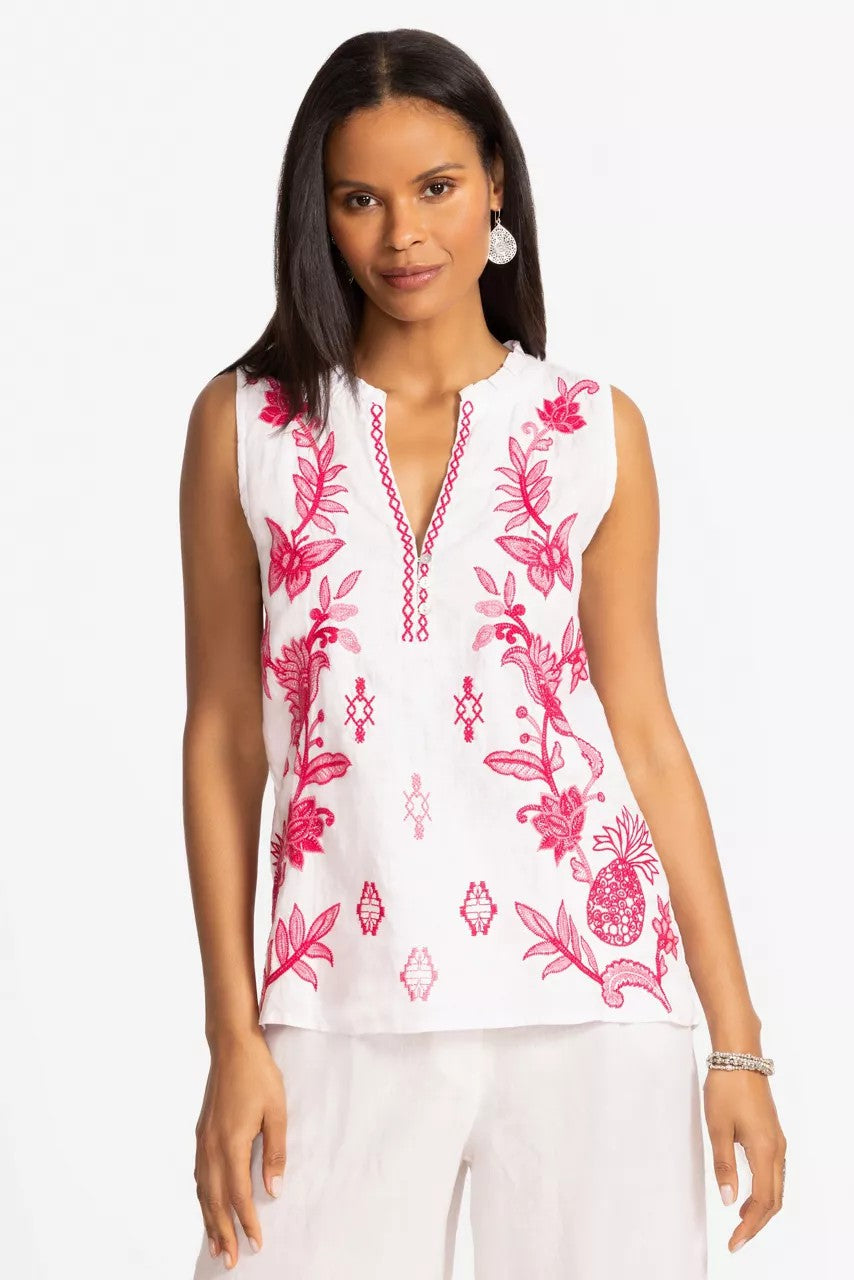 Johnny Was Women LINEN RUFFLE NECK TANK