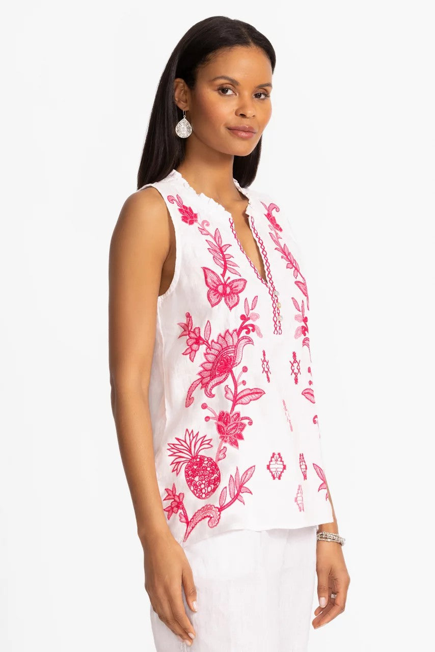 Johnny Was Women LINEN RUFFLE NECK TANK