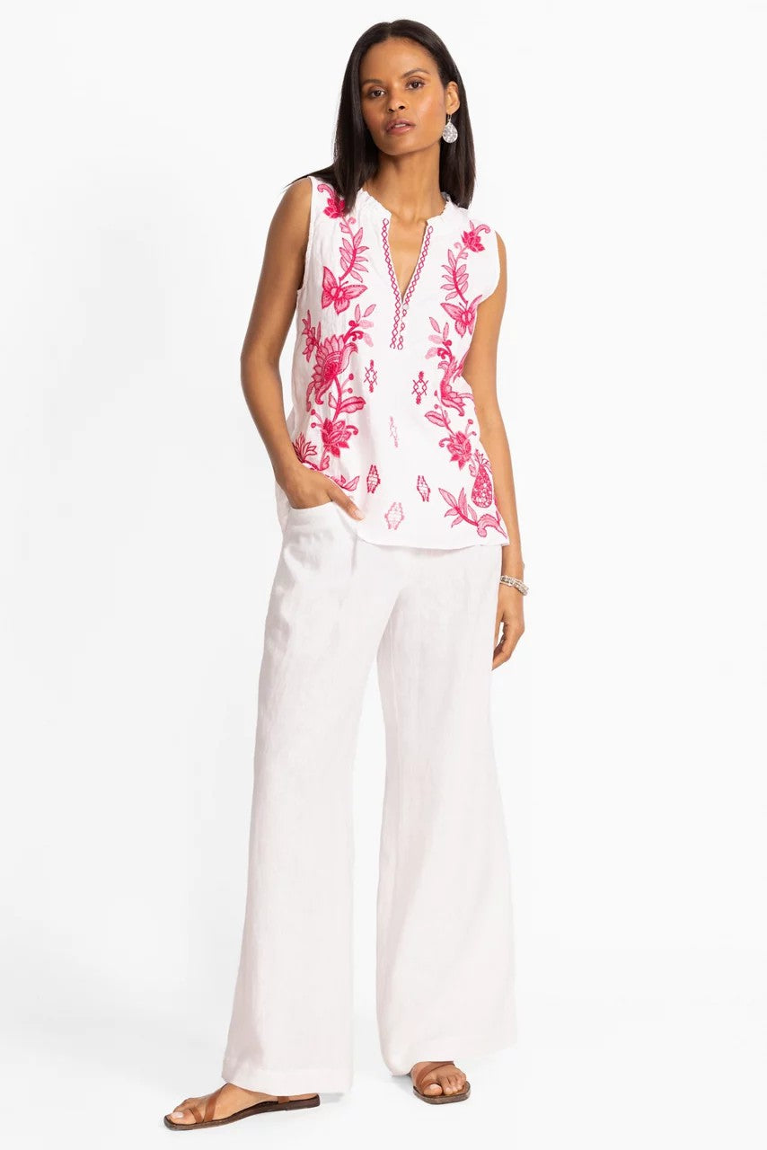 Johnny Was Women LINEN RUFFLE NECK TANK