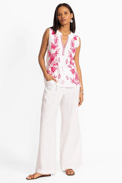 Johnny Was Women LINEN RUFFLE NECK TANK