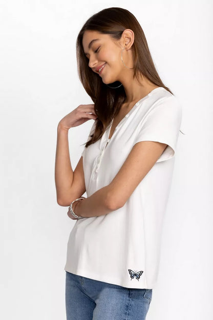 Johnny Was Women MODAL JERSEY BUTTON NECK TEE