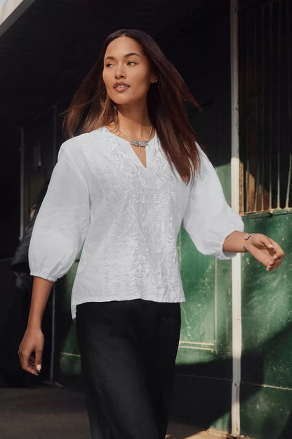 Johnny Was Women SPLIT NECK LINEN BLOUSE