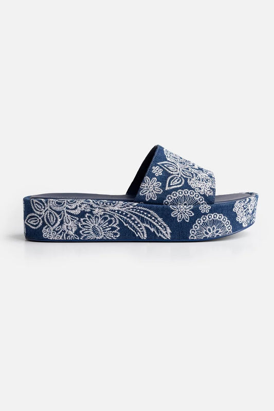 Johnny Was Women BANDANA EMBROIDERED DENIM PLATFORM SLIDE