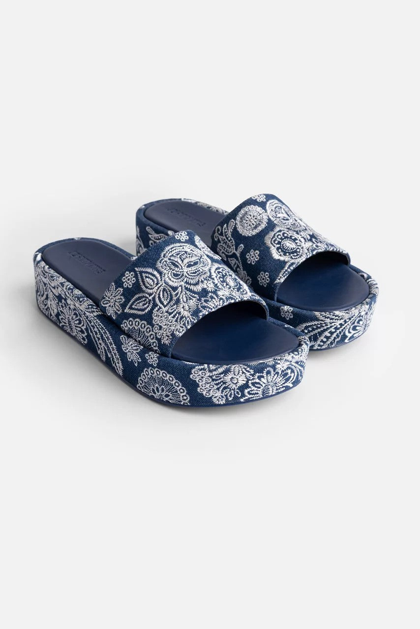 Johnny Was Women BANDANA EMBROIDERED DENIM PLATFORM SLIDE