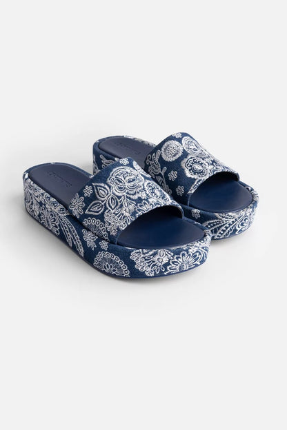 Johnny Was Women BANDANA EMBROIDERED DENIM PLATFORM SLIDE