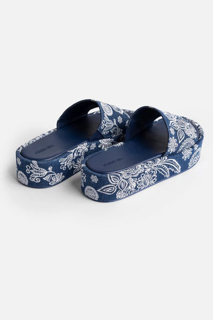 Johnny Was Women BANDANA EMBROIDERED DENIM PLATFORM SLIDE