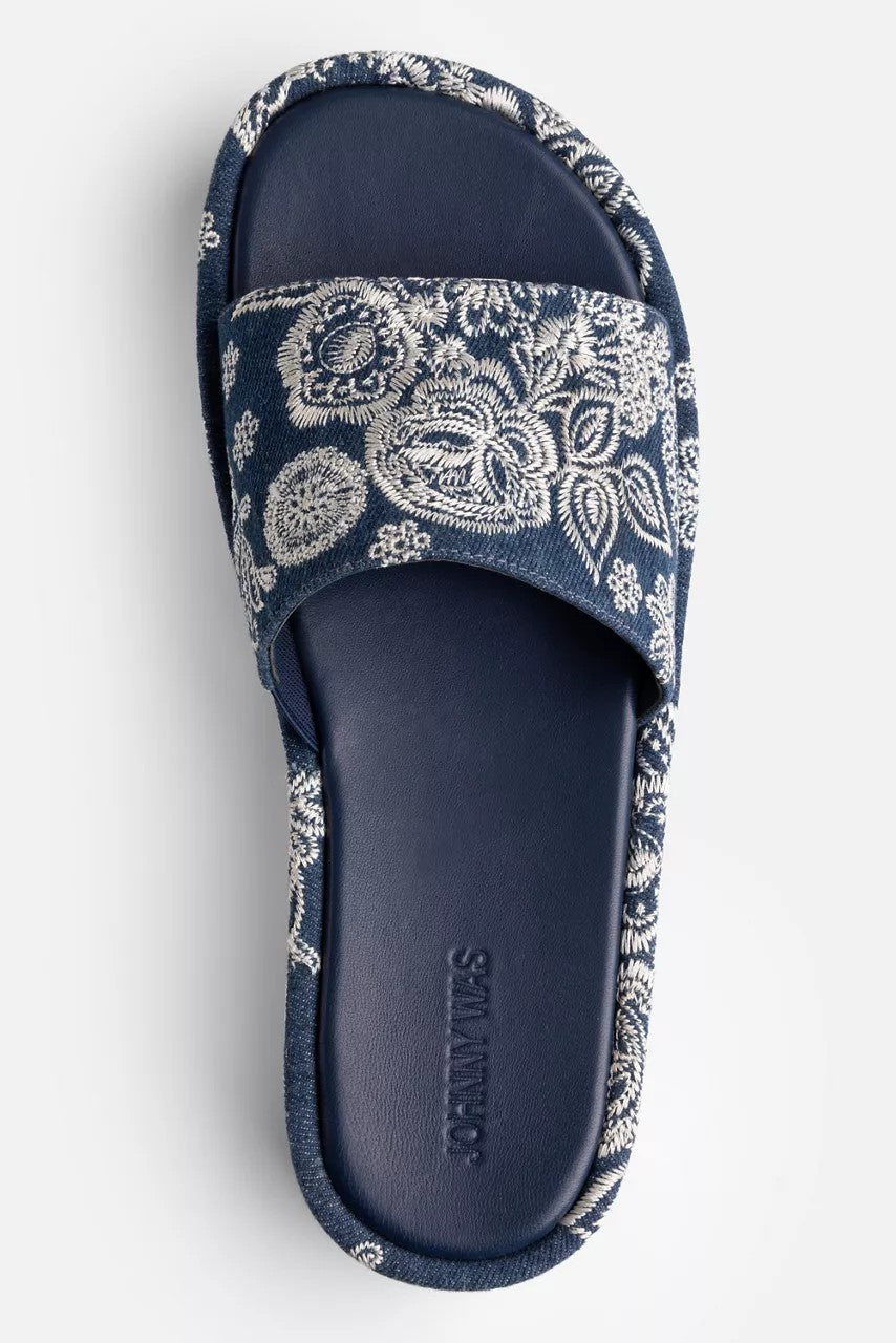 Johnny Was Women BANDANA EMBROIDERED DENIM PLATFORM SLIDE