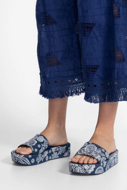 Johnny Was Women BANDANA EMBROIDERED DENIM PLATFORM SLIDE