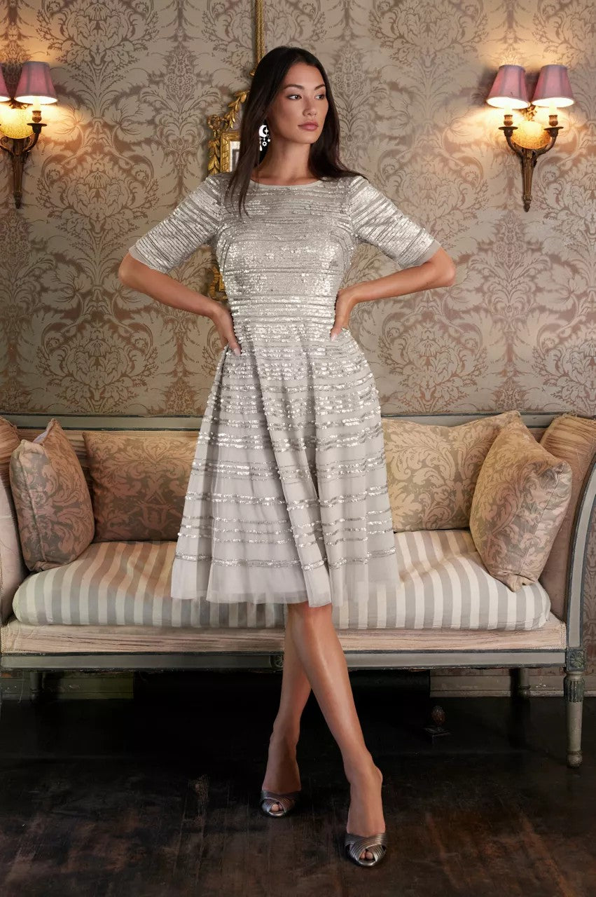 Johnny Was Women Champagne Beaded Mesh Dress
