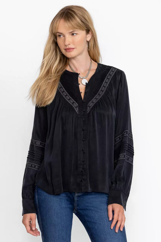 Johnny Was Women PLEATED BUTTON DOWN TOP WITH SHIRRING